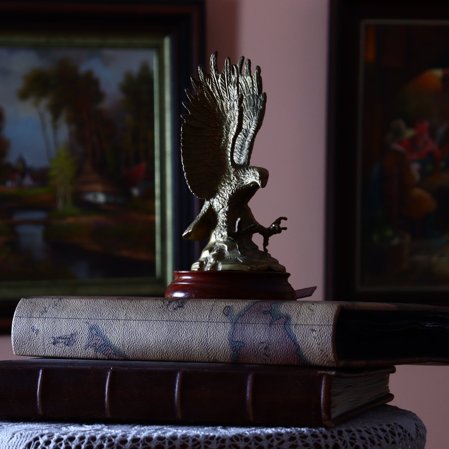 Brass Eagle Figurine on Wooden Base