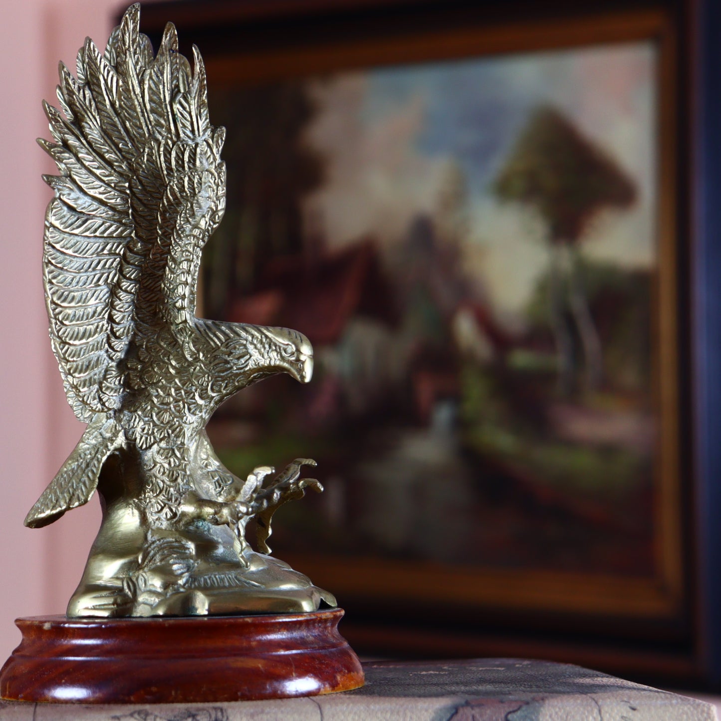 Brass Eagle Figurine on Wooden Base