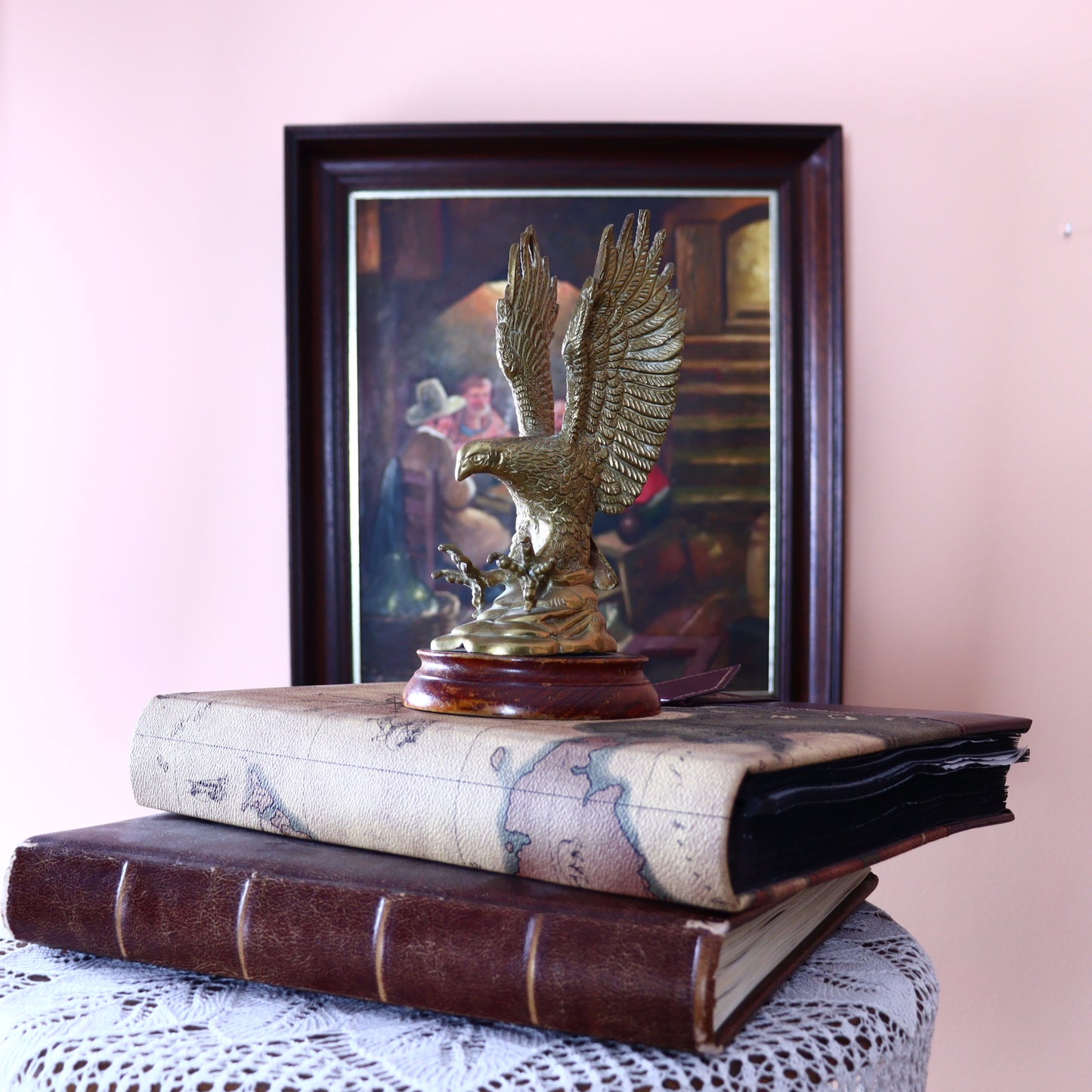 Brass Eagle Figurine on Wooden Base