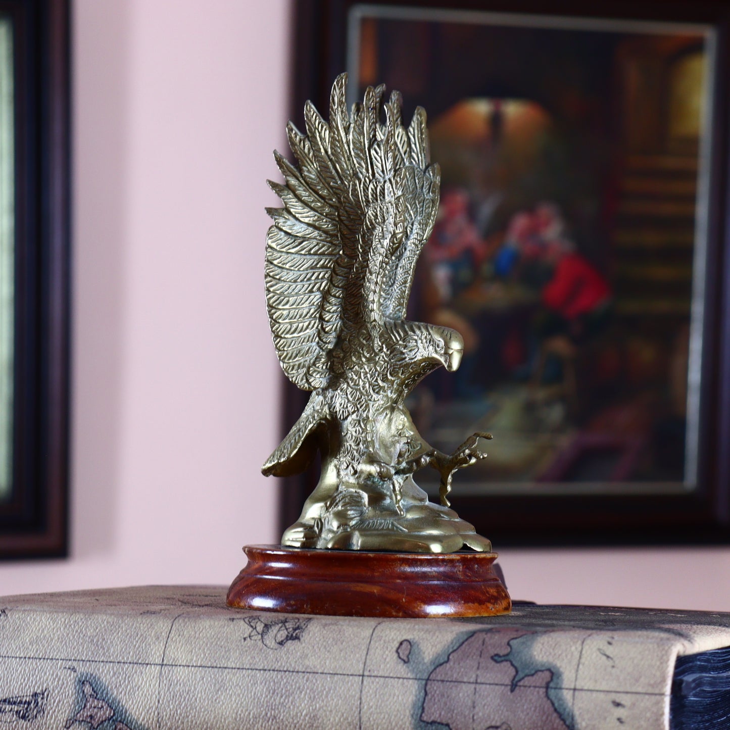 Brass Eagle Figurine on Wooden Base