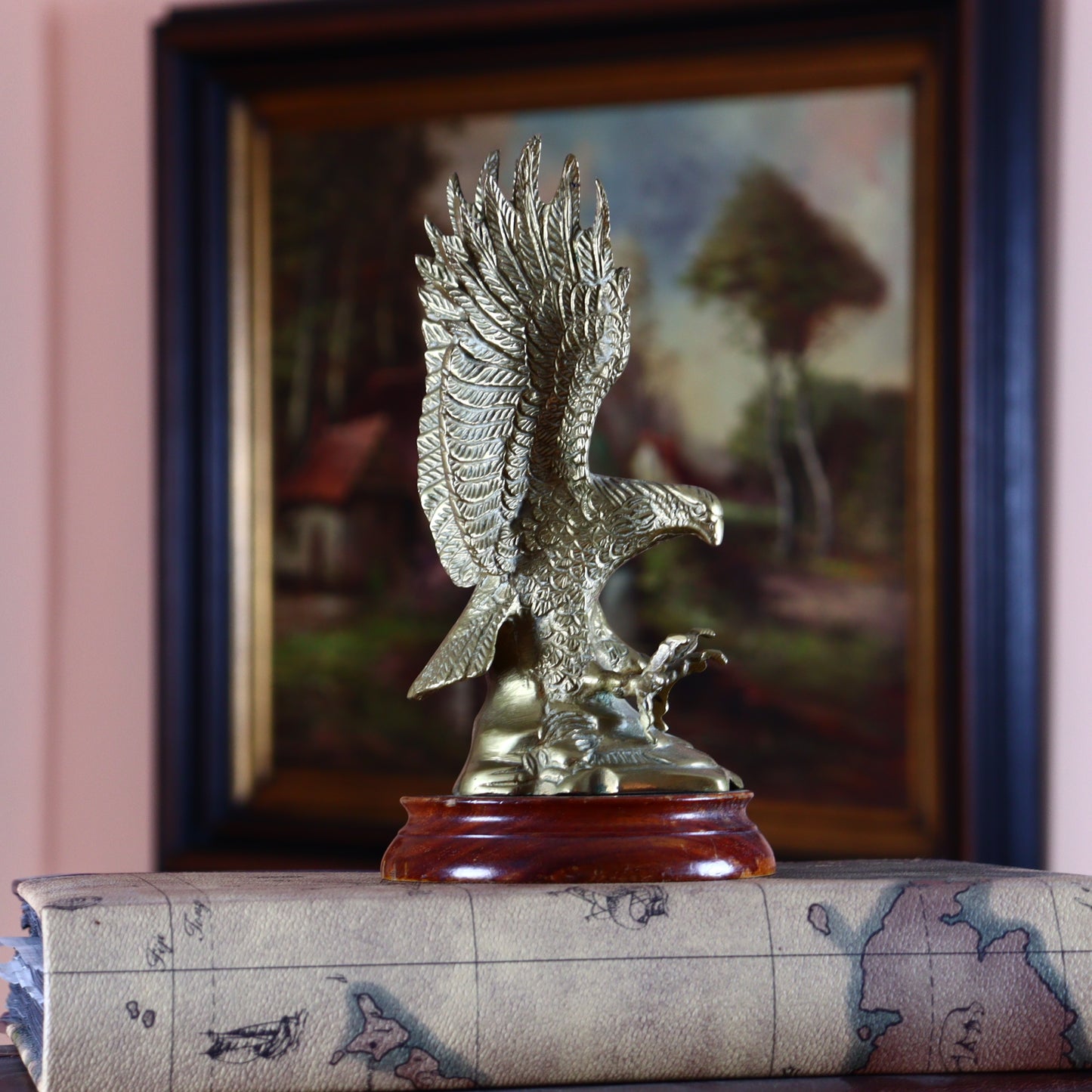 Brass Eagle Figurine on Wooden Base