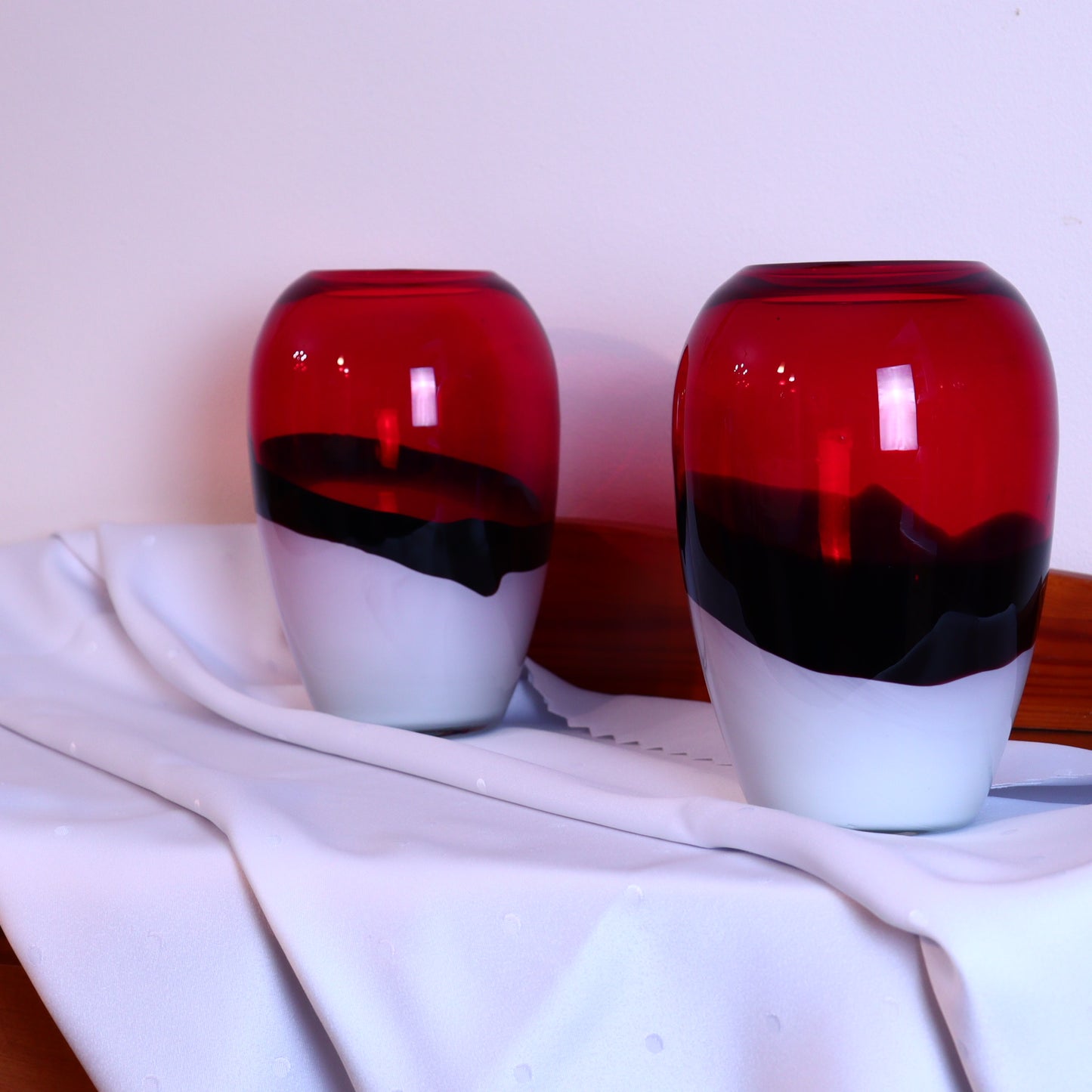Glass Vases – Pair of Red, Black, and White Murano Vases
