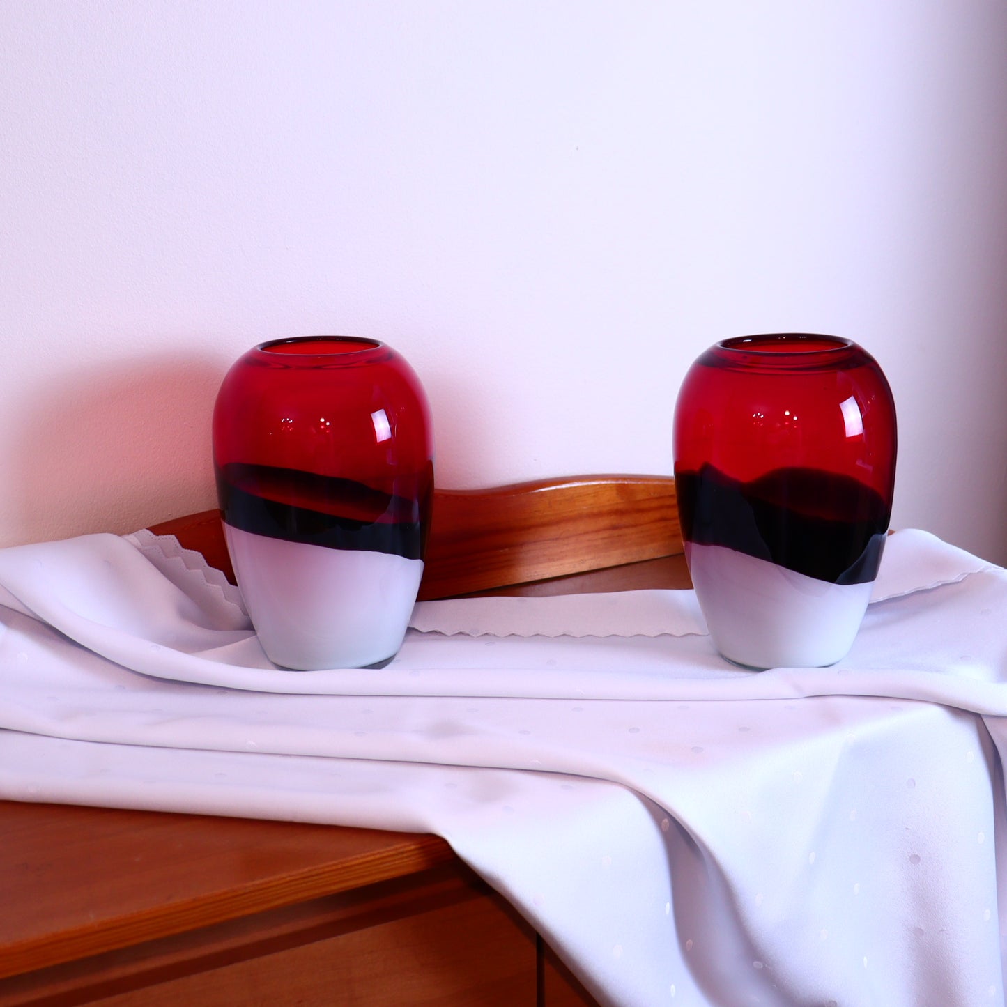 Glass Vases – Pair of Red, Black, and White Murano Vases