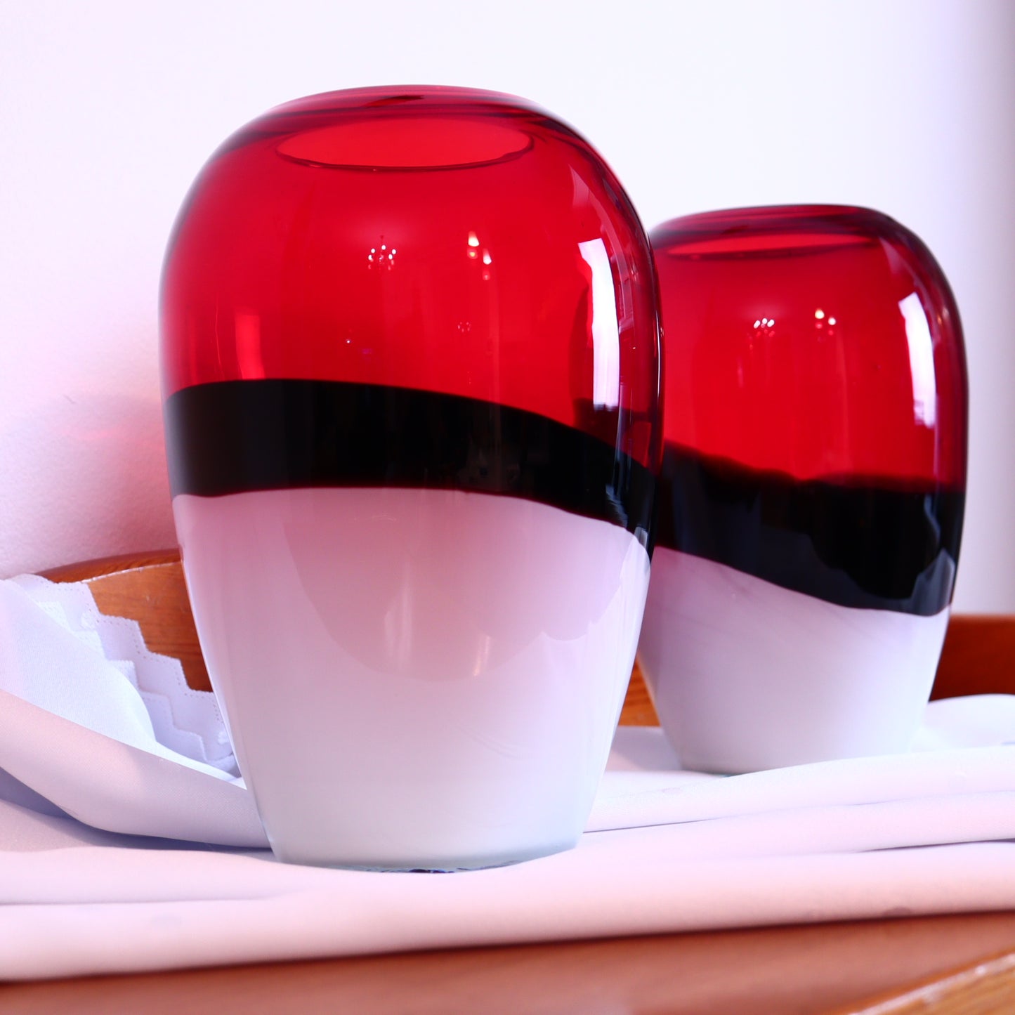 Glass Vases – Pair of Red, Black, and White Murano Vases