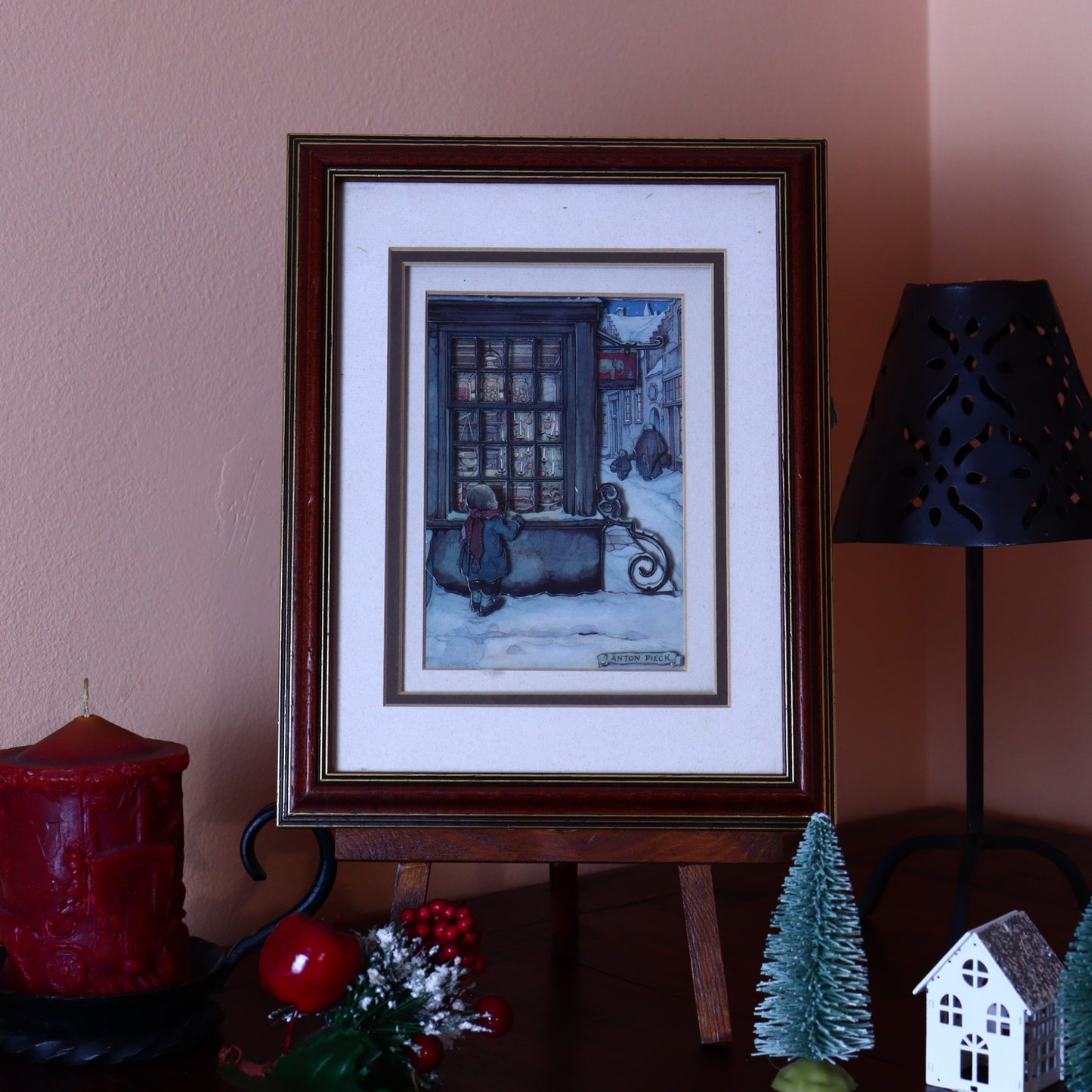 3D Paper Illustration by Anton Pieck of a boy in front of a store window
