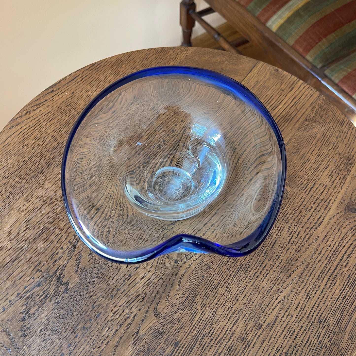Vintage Italian Style Art Glass Bowl - Ruffled Blue Rim Design