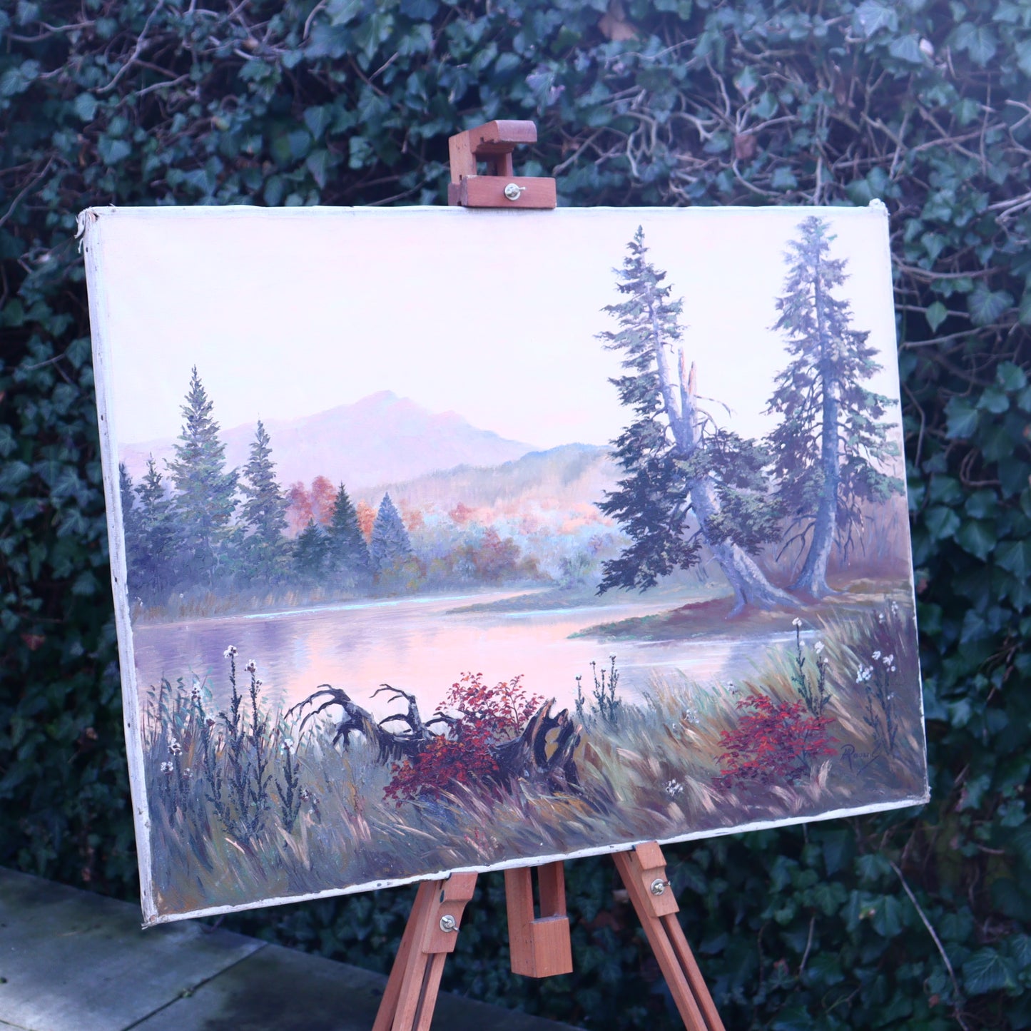 Oil Painting on Canvas – Mountain Landscape by Lake