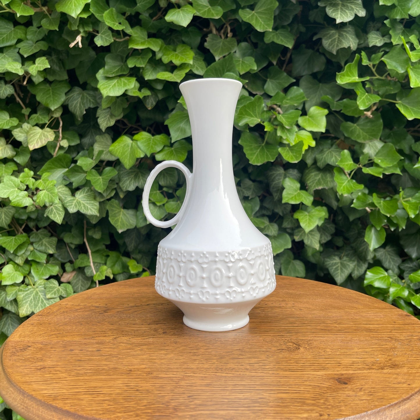 White Porcelain Vase with Handle – Relief Ornament