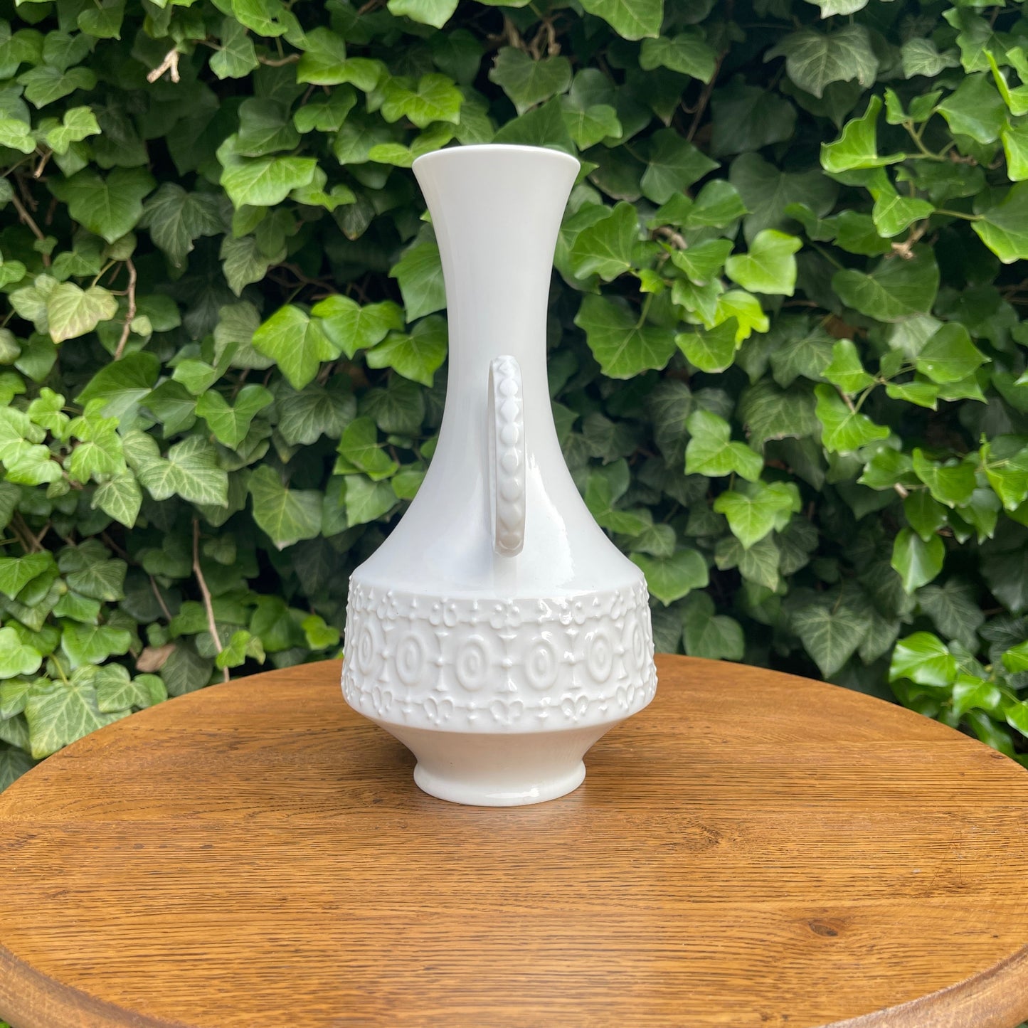 White Porcelain Vase with Handle – Relief Ornament