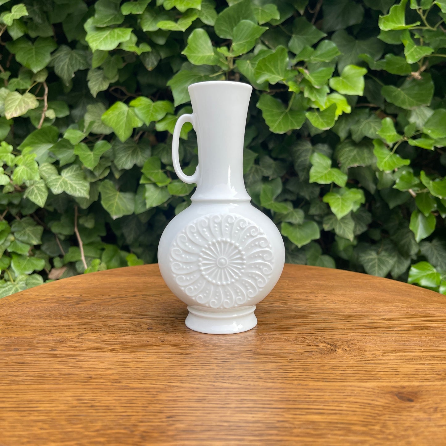 White Porcelain Pitcher-Style Vase with Relief Medallion