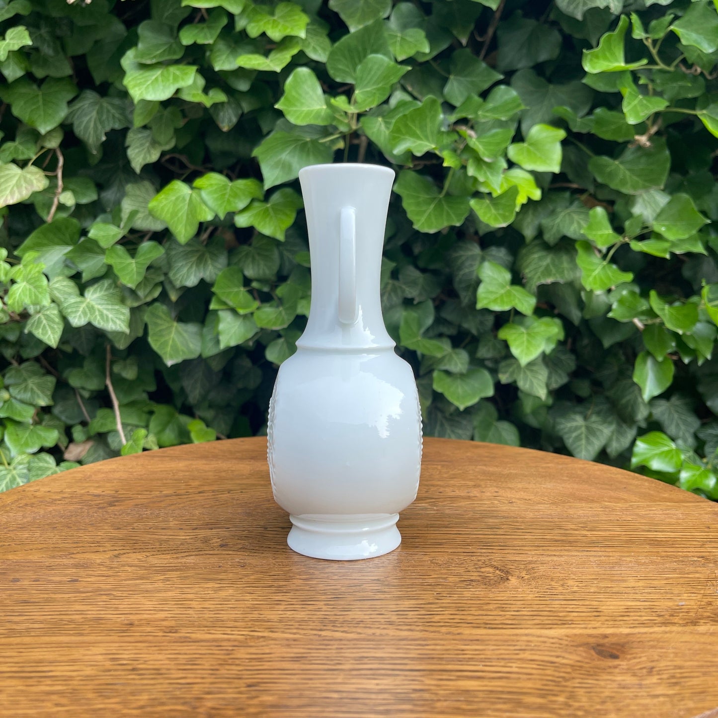 White Porcelain Pitcher-Style Vase with Relief Medallion