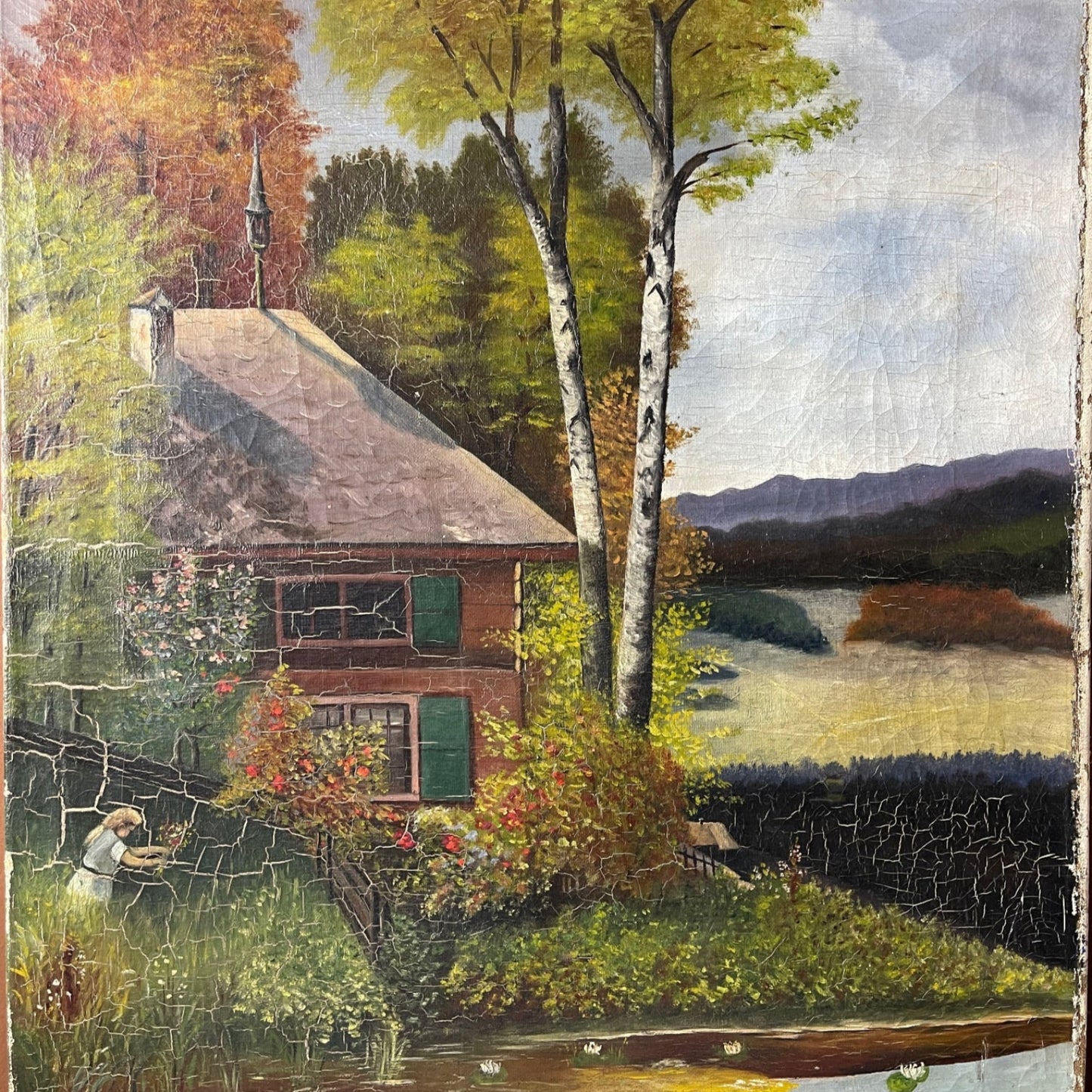 Painting of a cabin by a lake with trees and mountains in the background