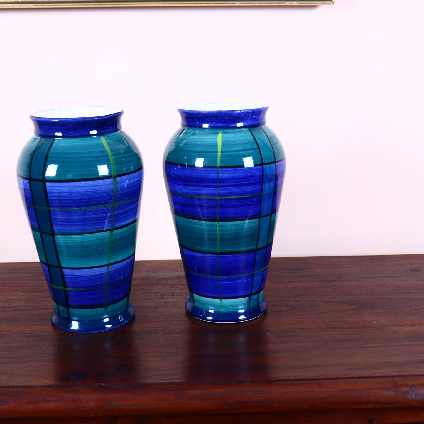 Pair of Glazed Ceramic Vases in Navy Blue and Green Plaid
