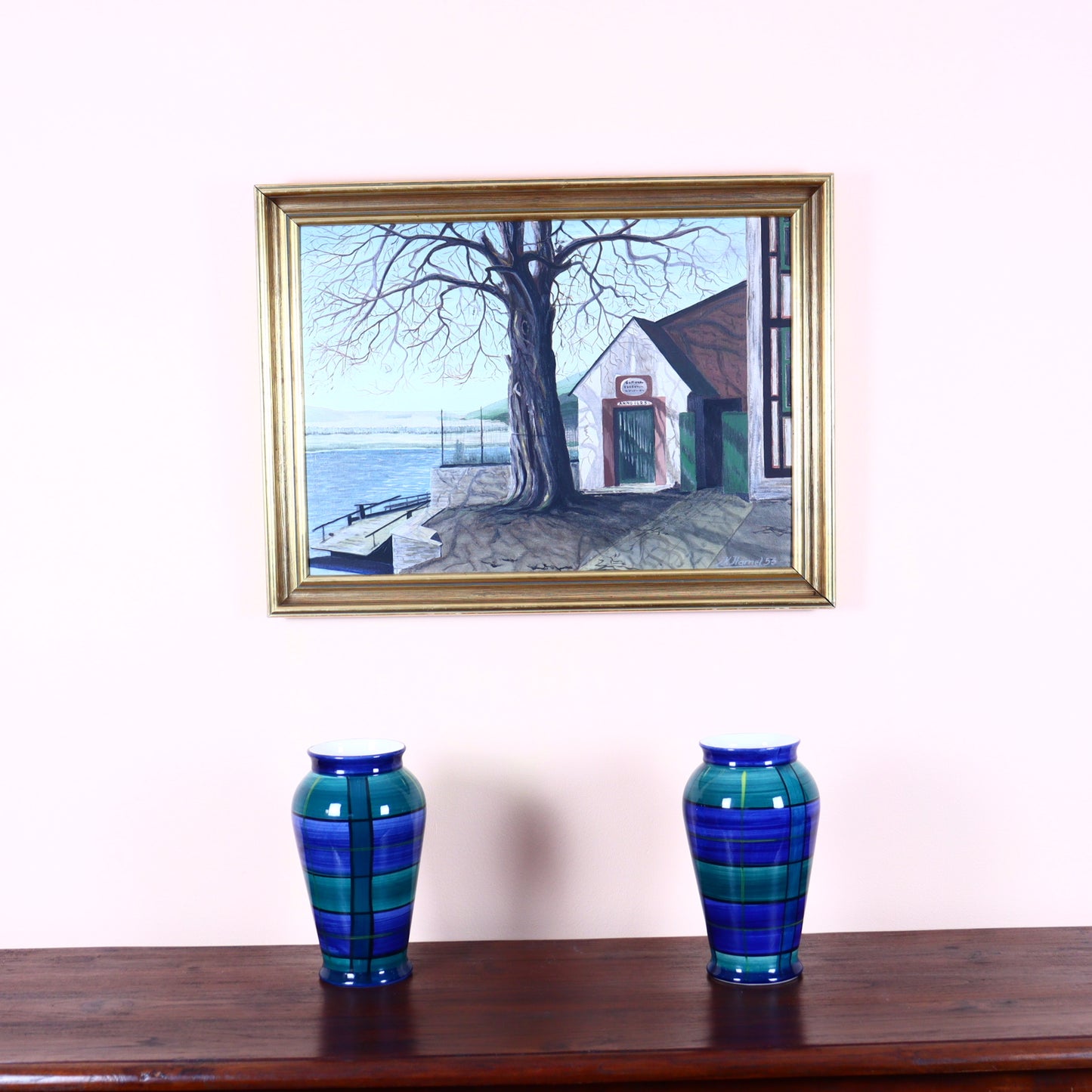 Pair of Glazed Ceramic Vases in Navy Blue and Green Plaid