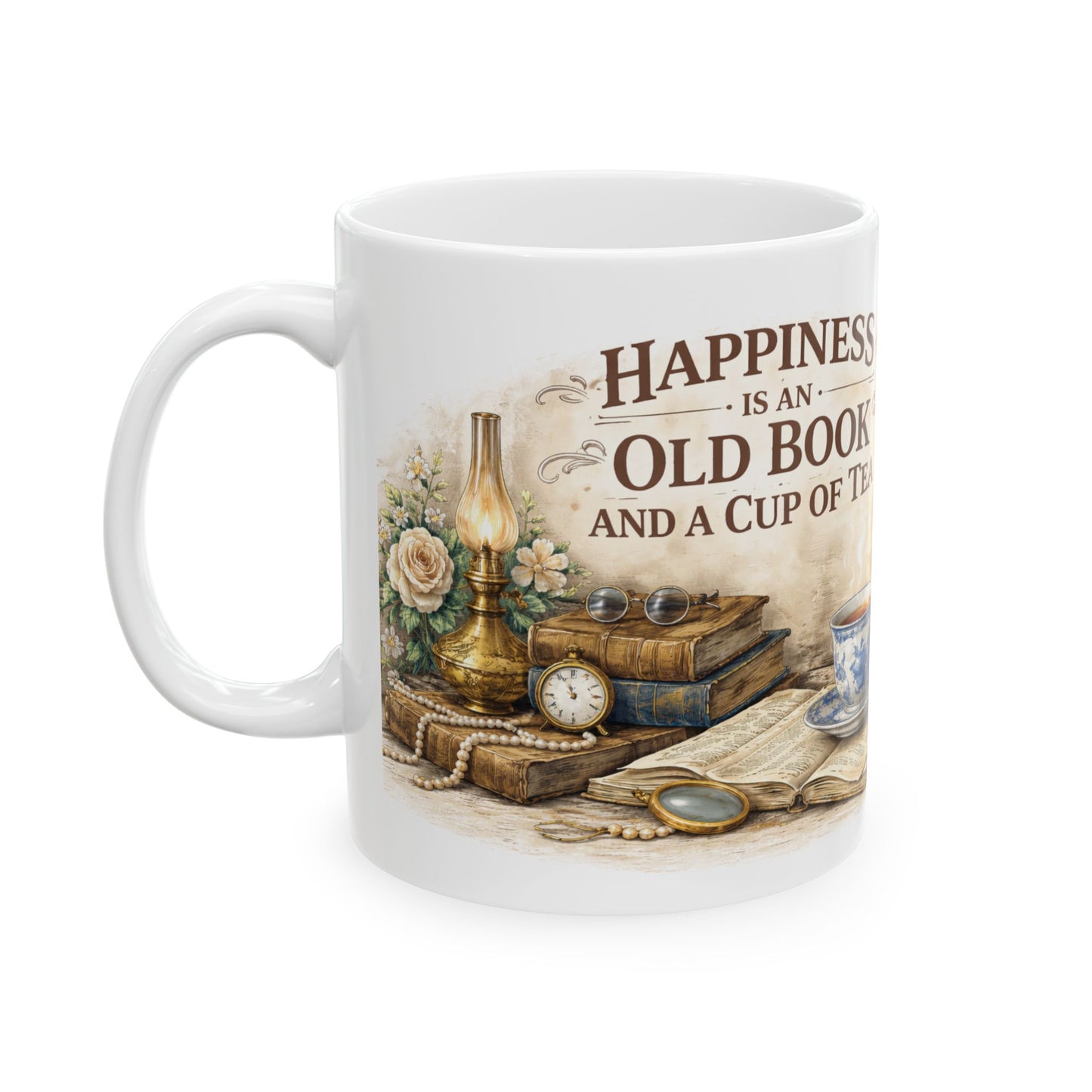 Tea & Books Ceramic Mug — “Happiness is an old book and a cup of tea”