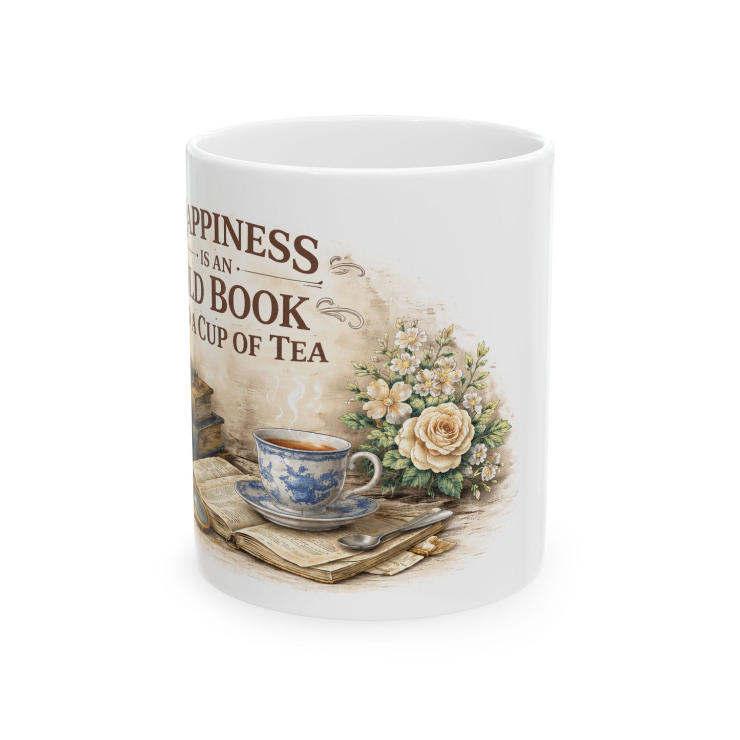 Tea & Books Ceramic Mug — “Happiness is an old book and a cup of tea”