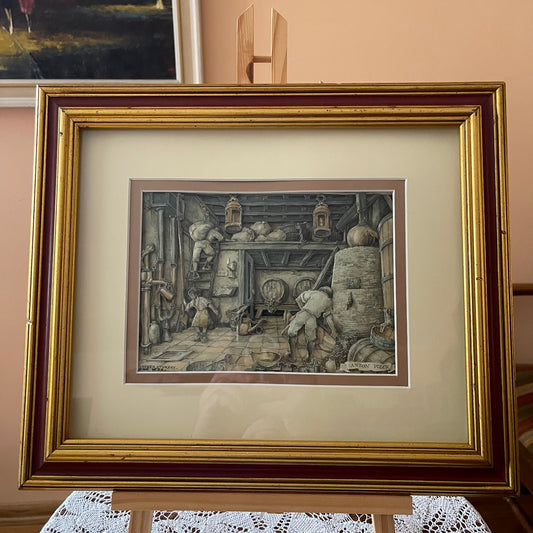 Framed artwork on an easel with a beige background