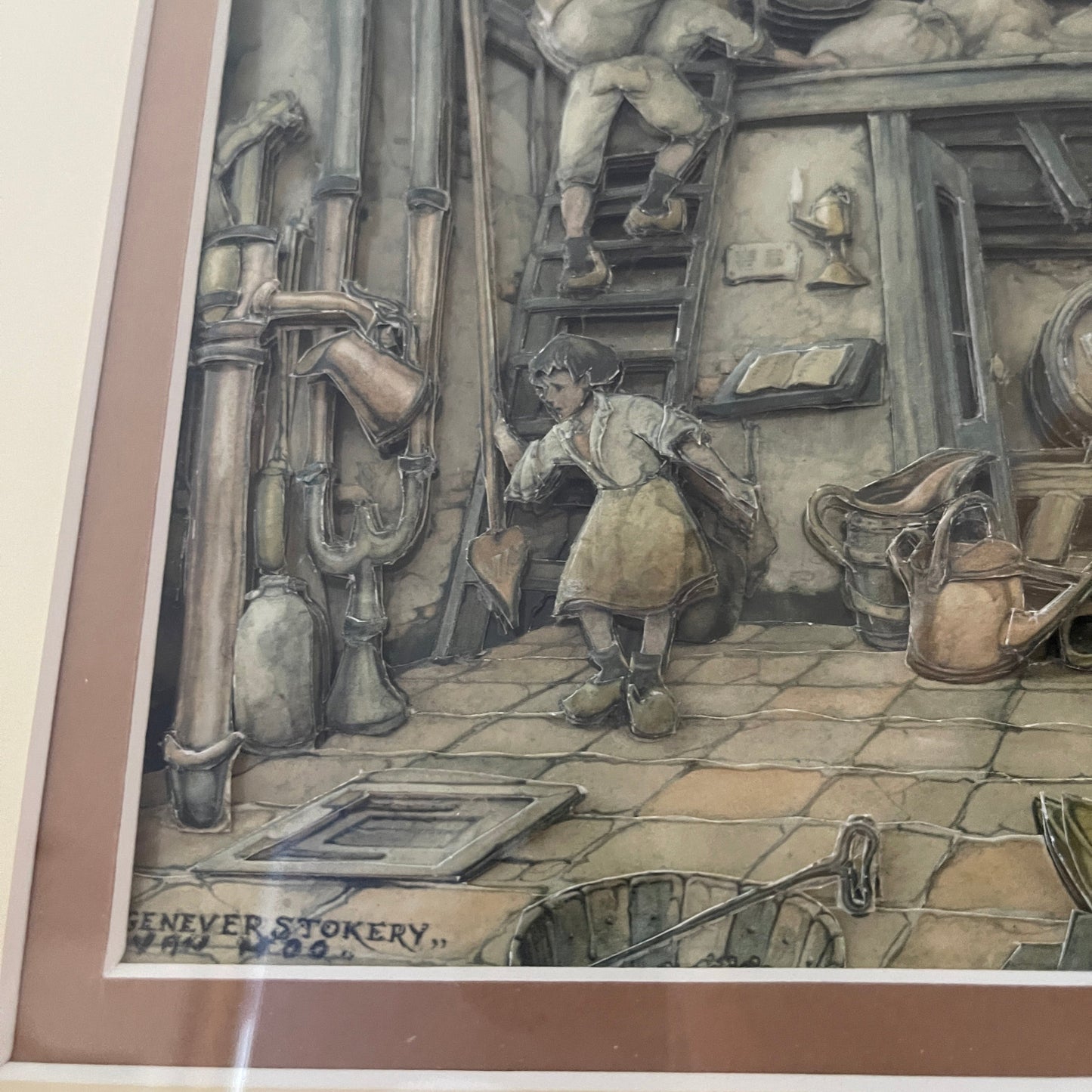Illustration of a child in a kitchen with pots and utensils, signed 'Never Stokery'.