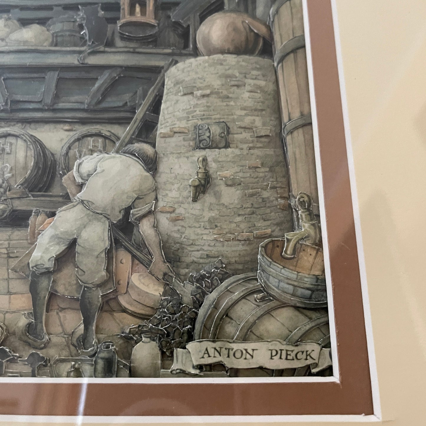 Illustration of a man working with barrels and a large tank, signed 'Anton Pieck'.