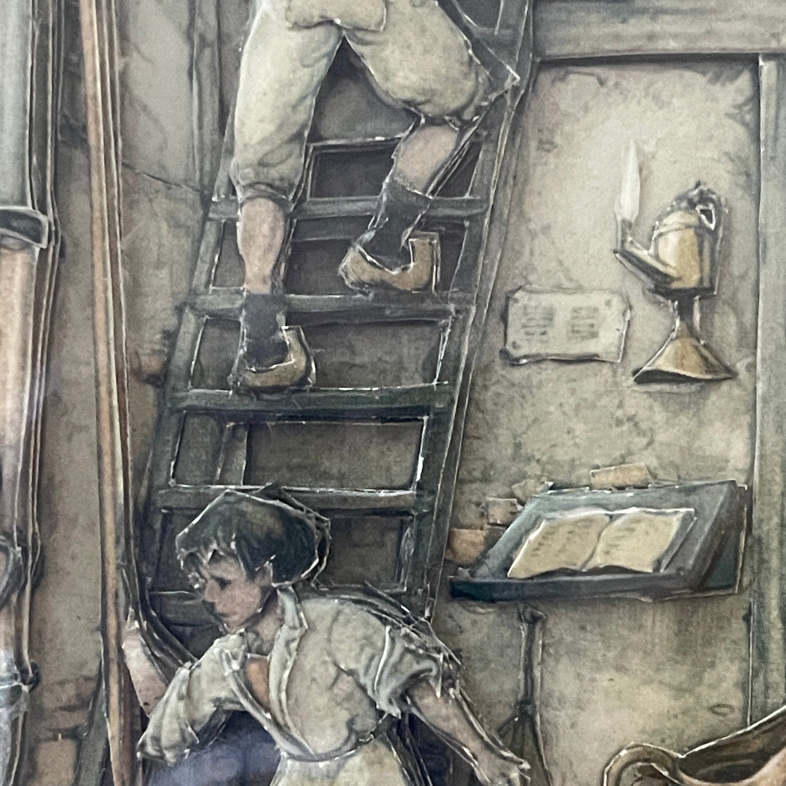 Detailed illustration of a person climbing a ladder inside a room with books and a candle.