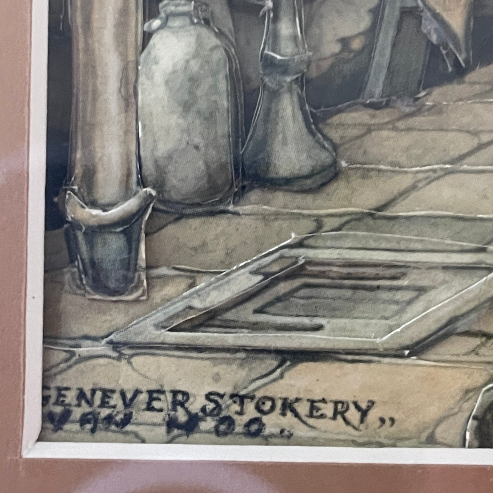 Black and white still life scene with bottles and a tray on a tiled surface, featuring the text 'Genever Stokery'.