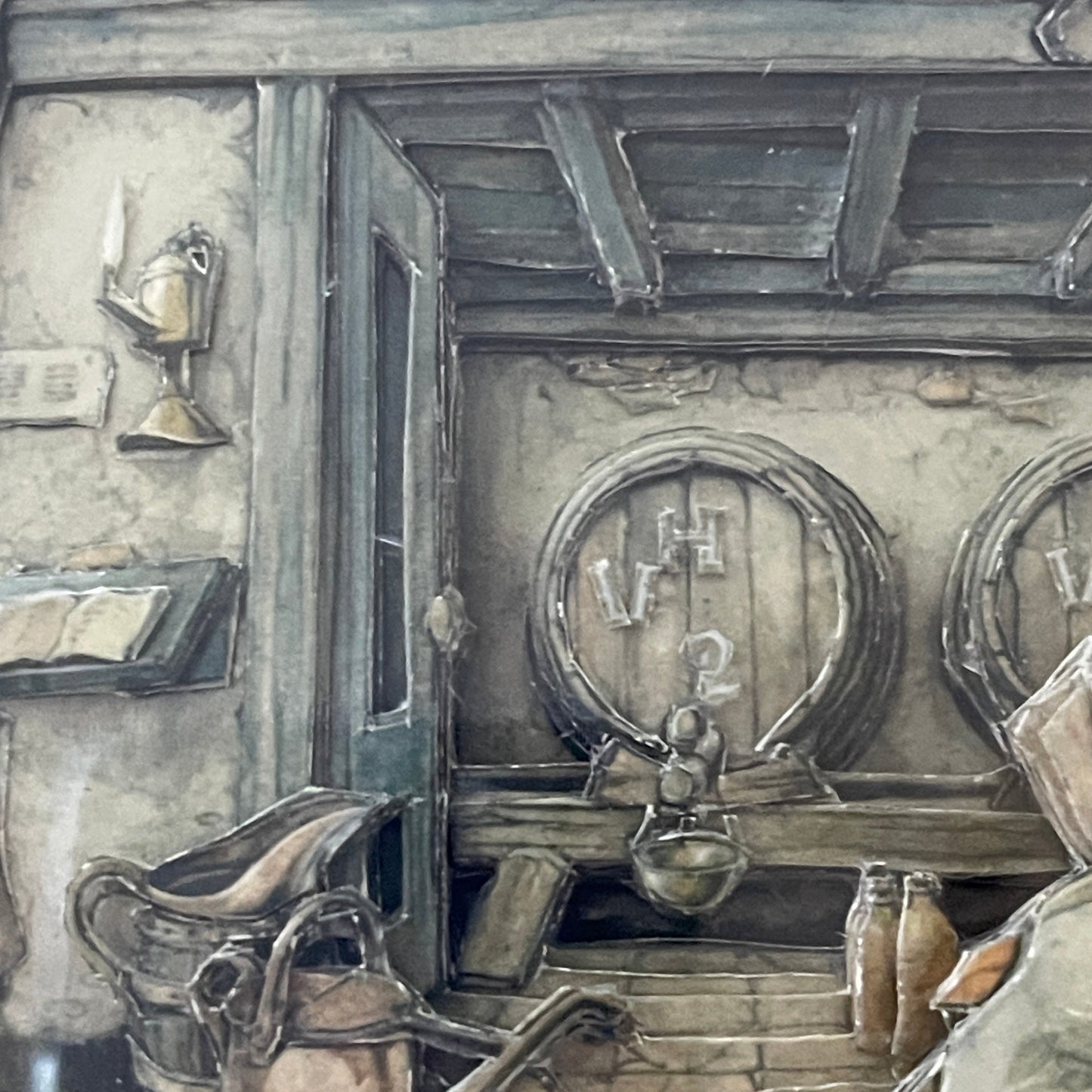 Detailed drawing of a rustic interior with barrels, bottles, and a person in a room.