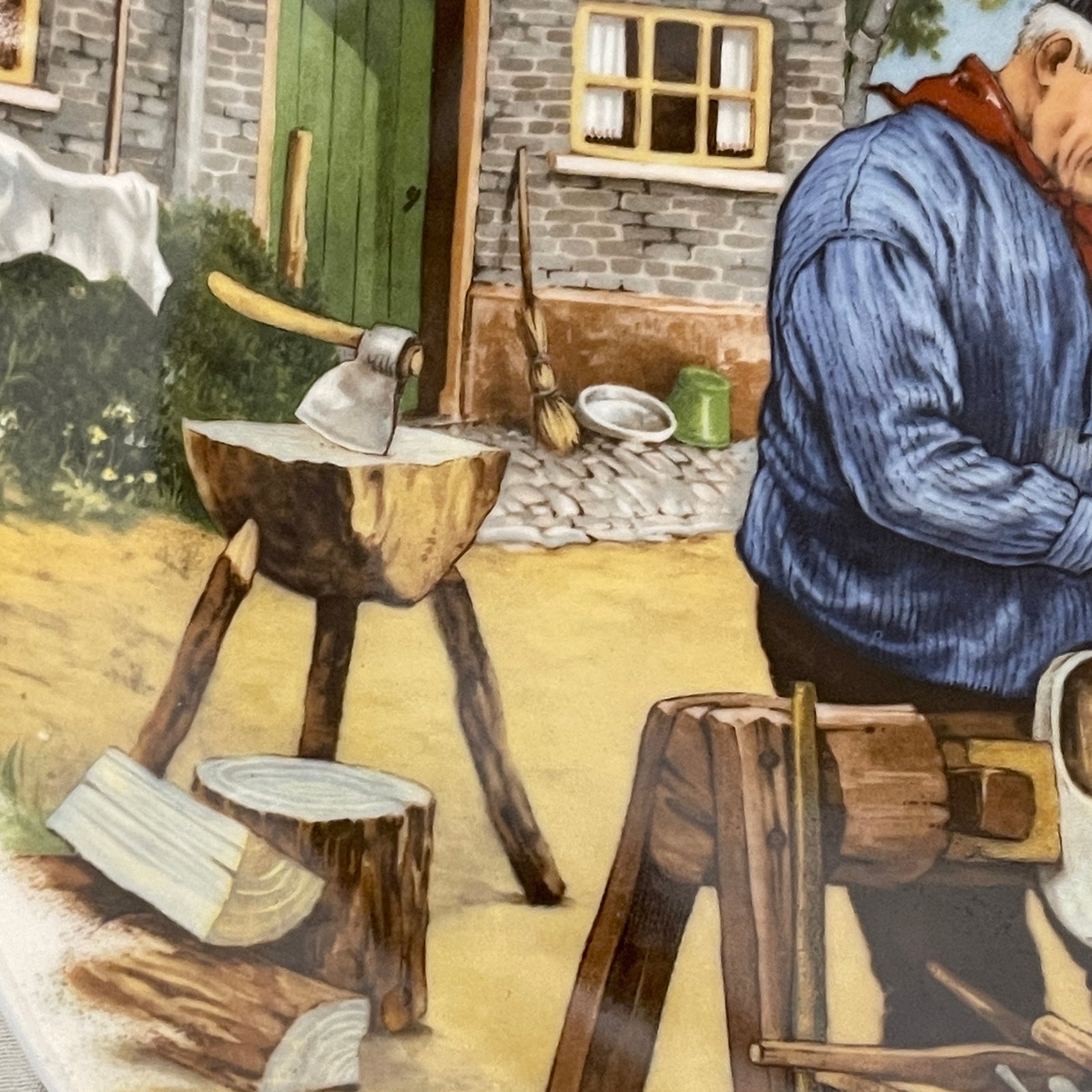 Illustration of a man with an axe near a cabin