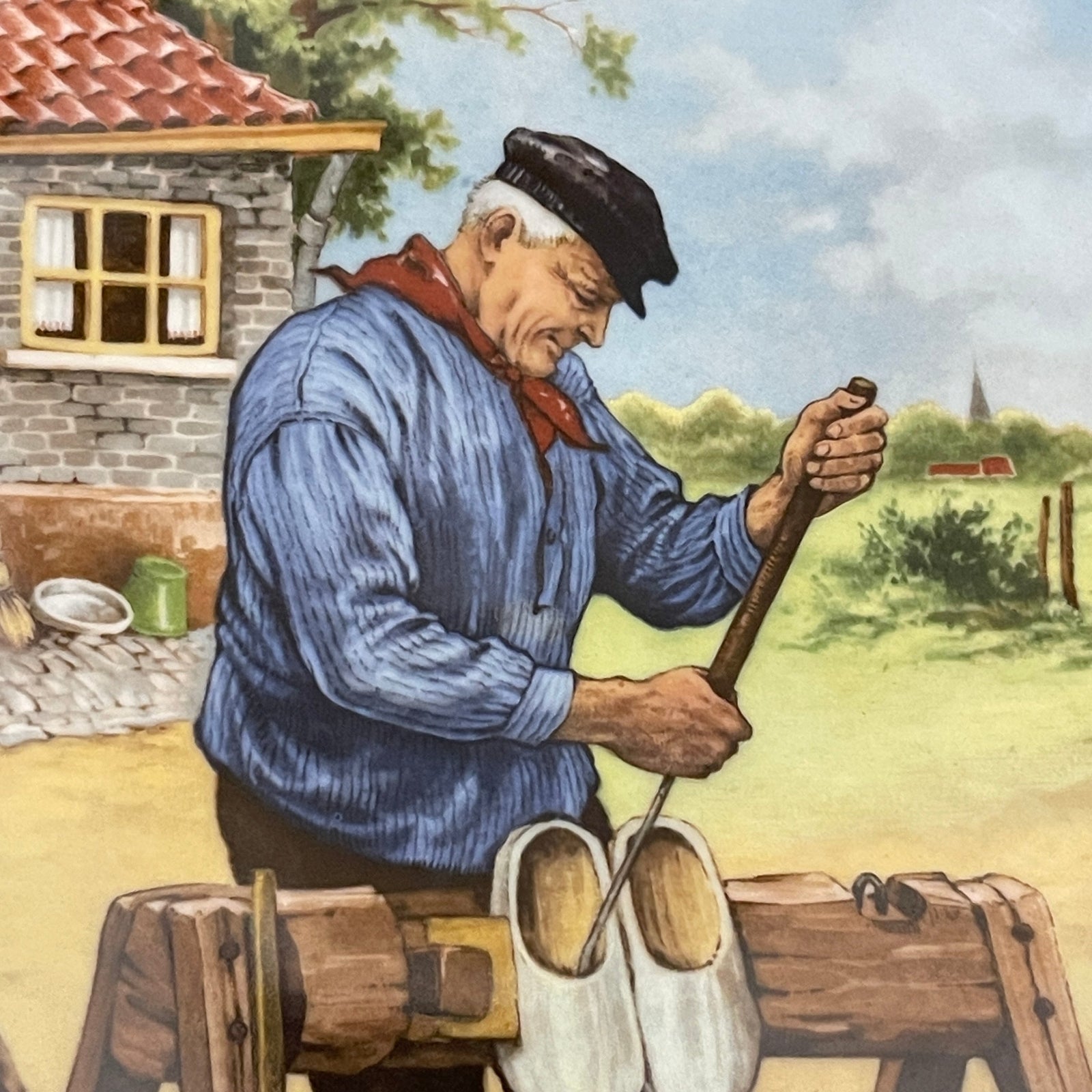 Illustration of a man working with a wooden barrel outdoors.