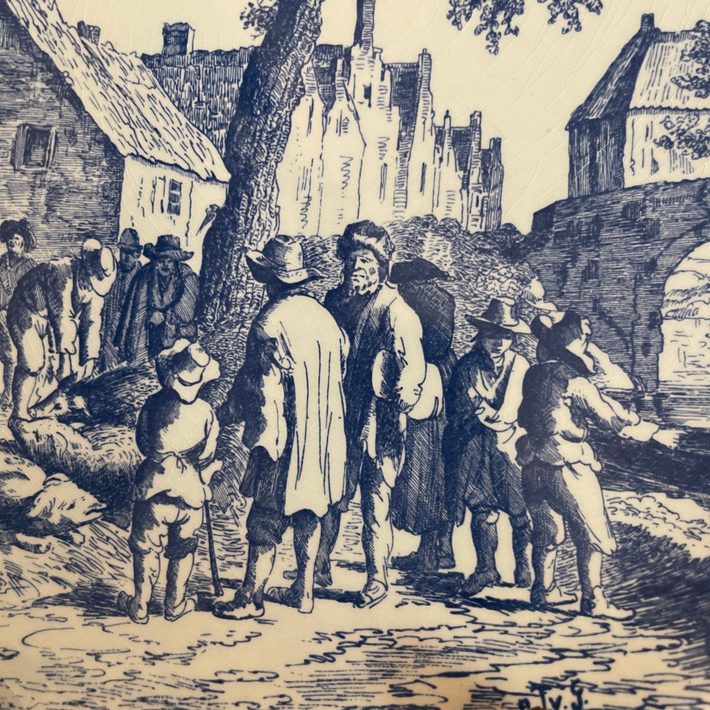 Black and white illustration of a village scene with people and buildings.