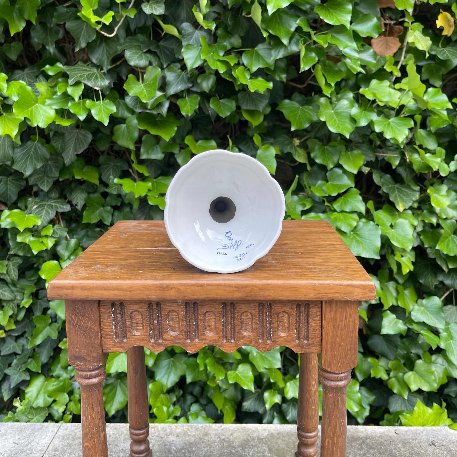 White bowl on a wooden table with green foliage in the background