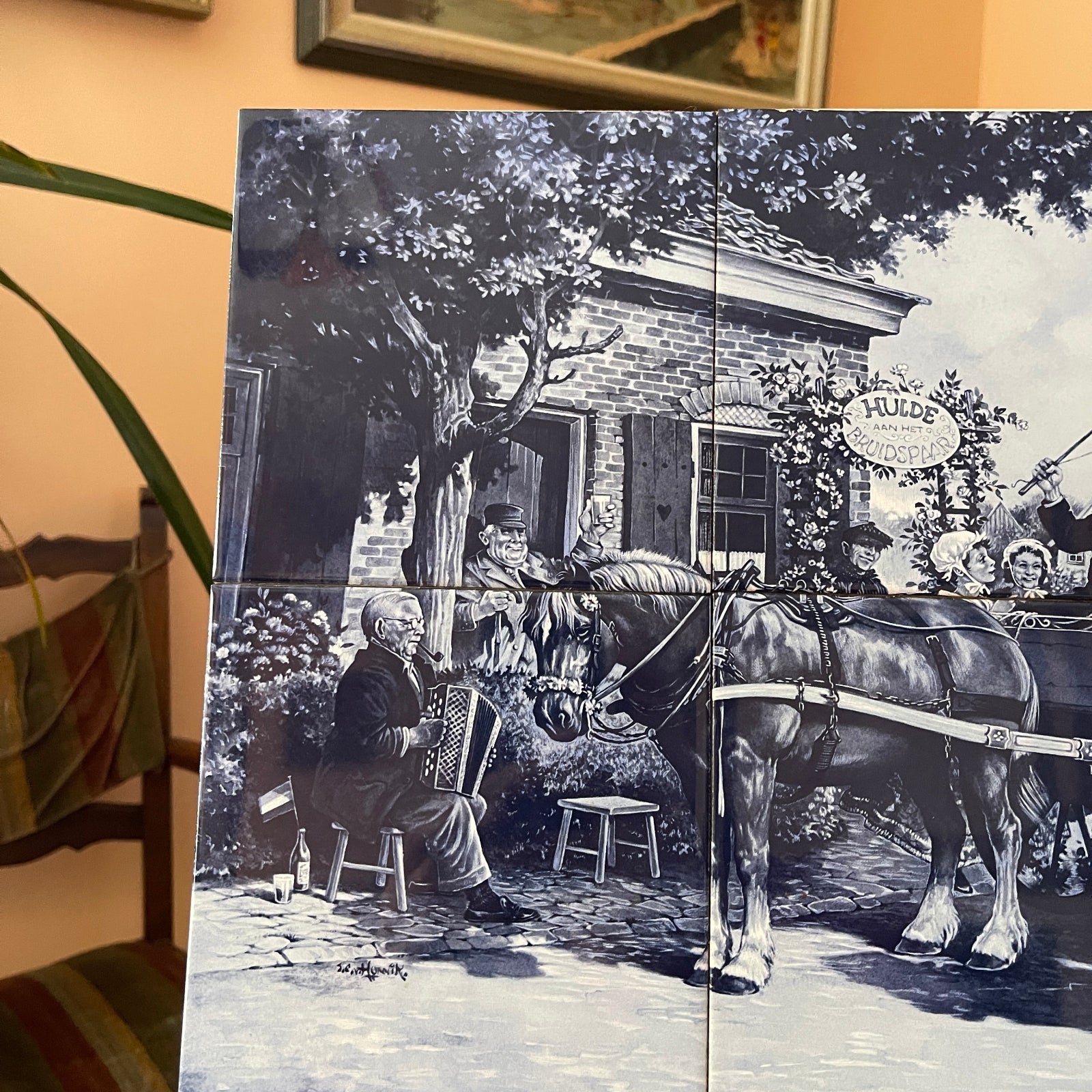 Black and white collage of a man with horses and a carriage in front of a building.