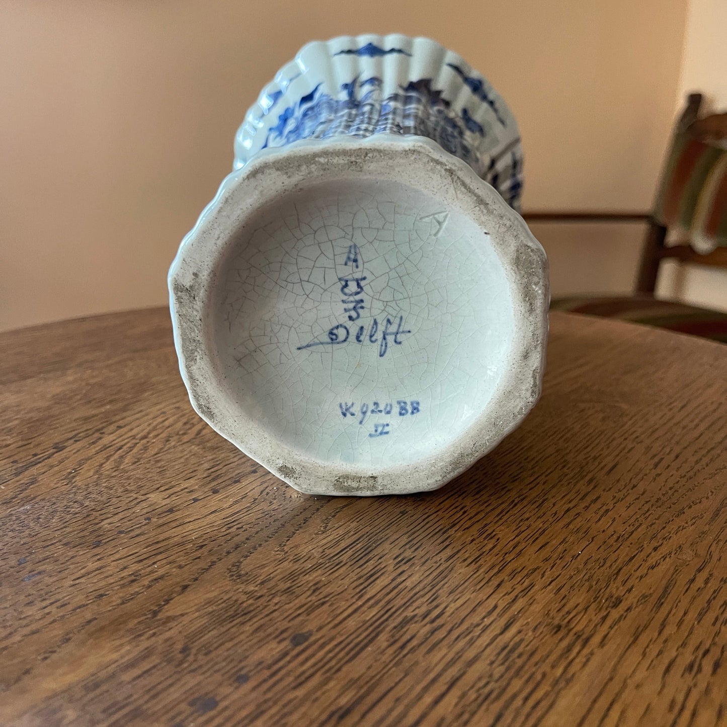 Ceramic vase with blue floral patterns with Royal Delft signature