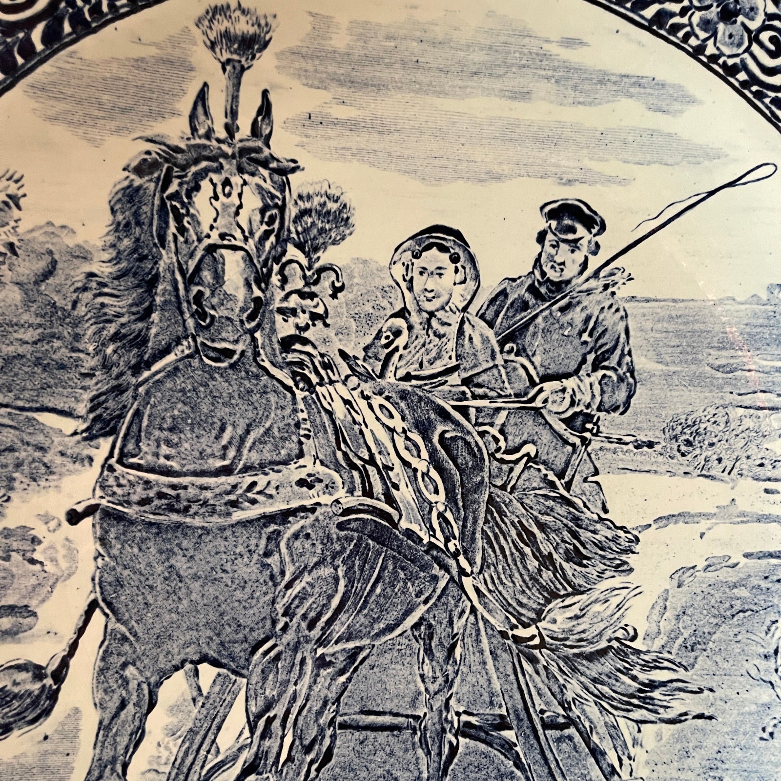 Vintage illustration of two people riding a horse with a detailed saddle
