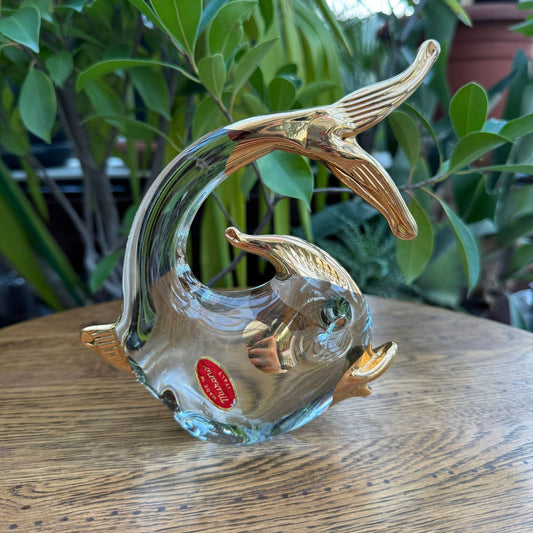 Hand-Blown Murano Glass Fish Figurine – Clear Glass with Gold Accents