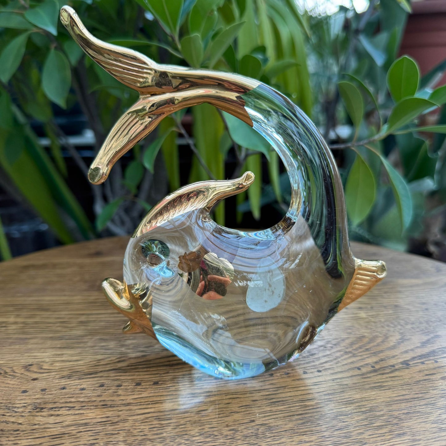 Hand-Blown Murano Glass Fish Figurine – Clear Glass with Gold Accents