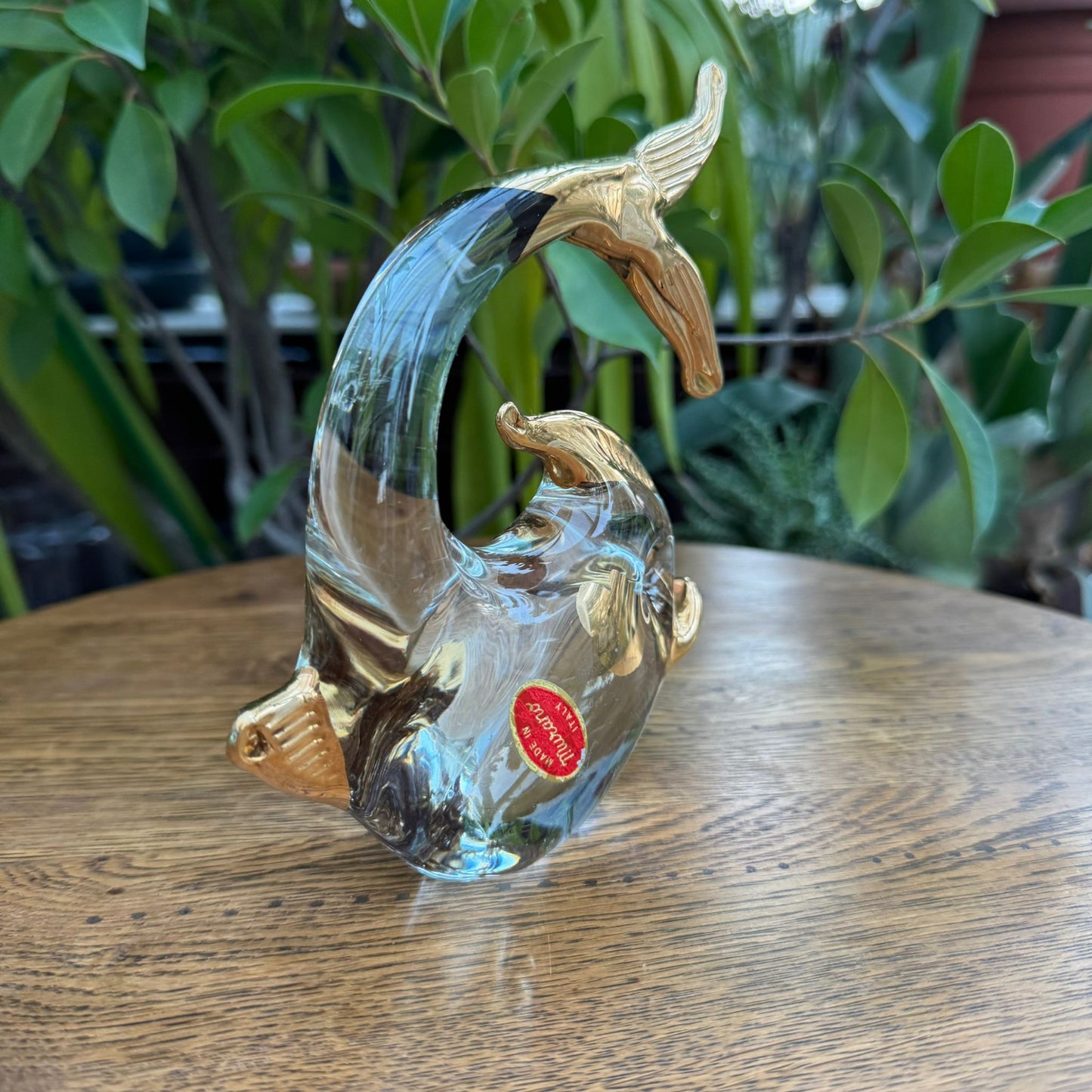 Hand-Blown Murano Glass Fish Figurine – Clear Glass with Gold Accents