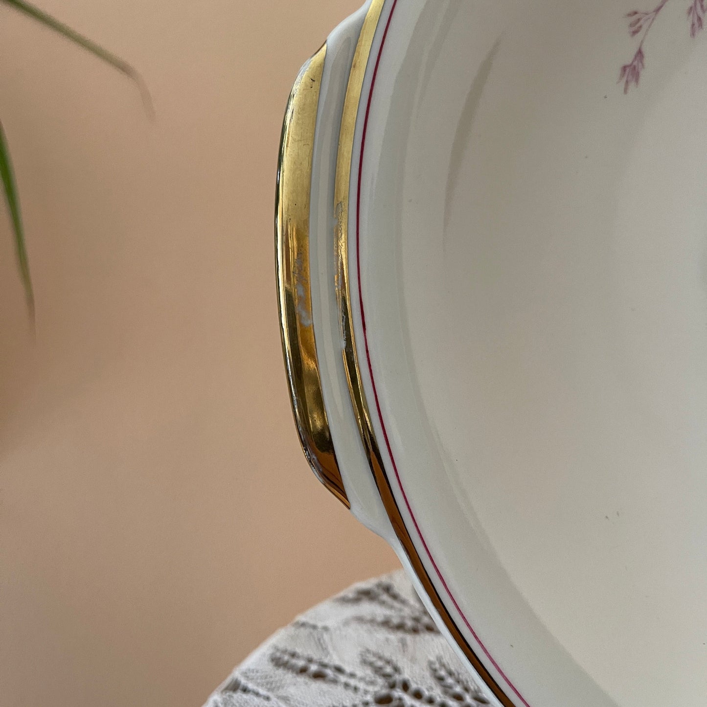Close-up of a ceramic dish with gold rim and floral pattern on a beige background