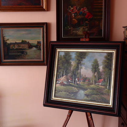 Oil painting of cottages in a birch forest