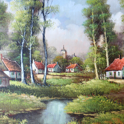 Oil painting of cottages in a birch forest