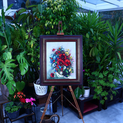 Oil painting of a botanical still life with red poppies