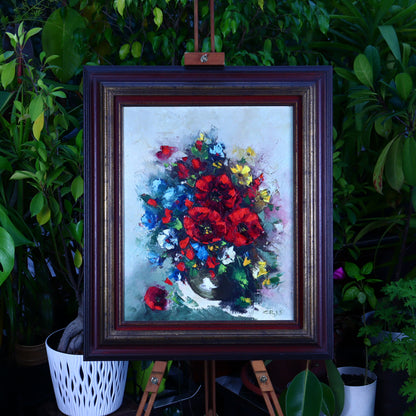 Oil painting of a botanical still life with red poppies