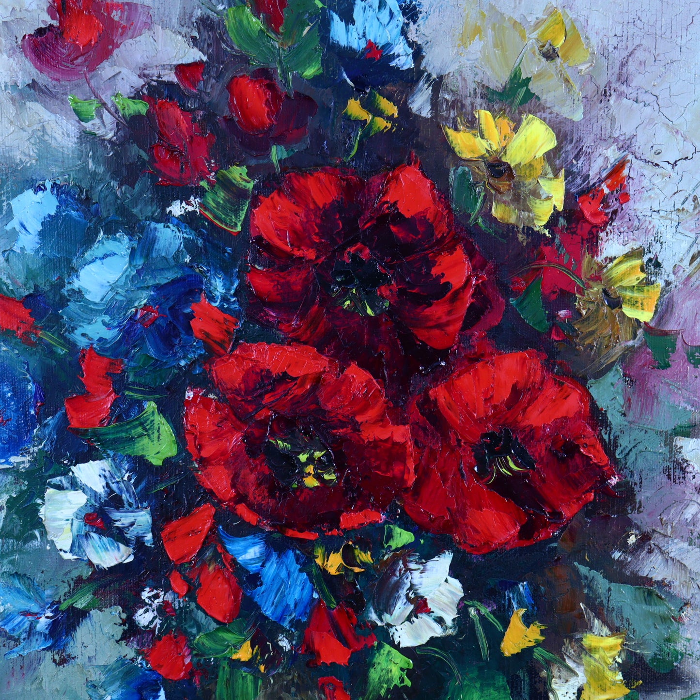 Oil painting of a botanical still life with red poppies