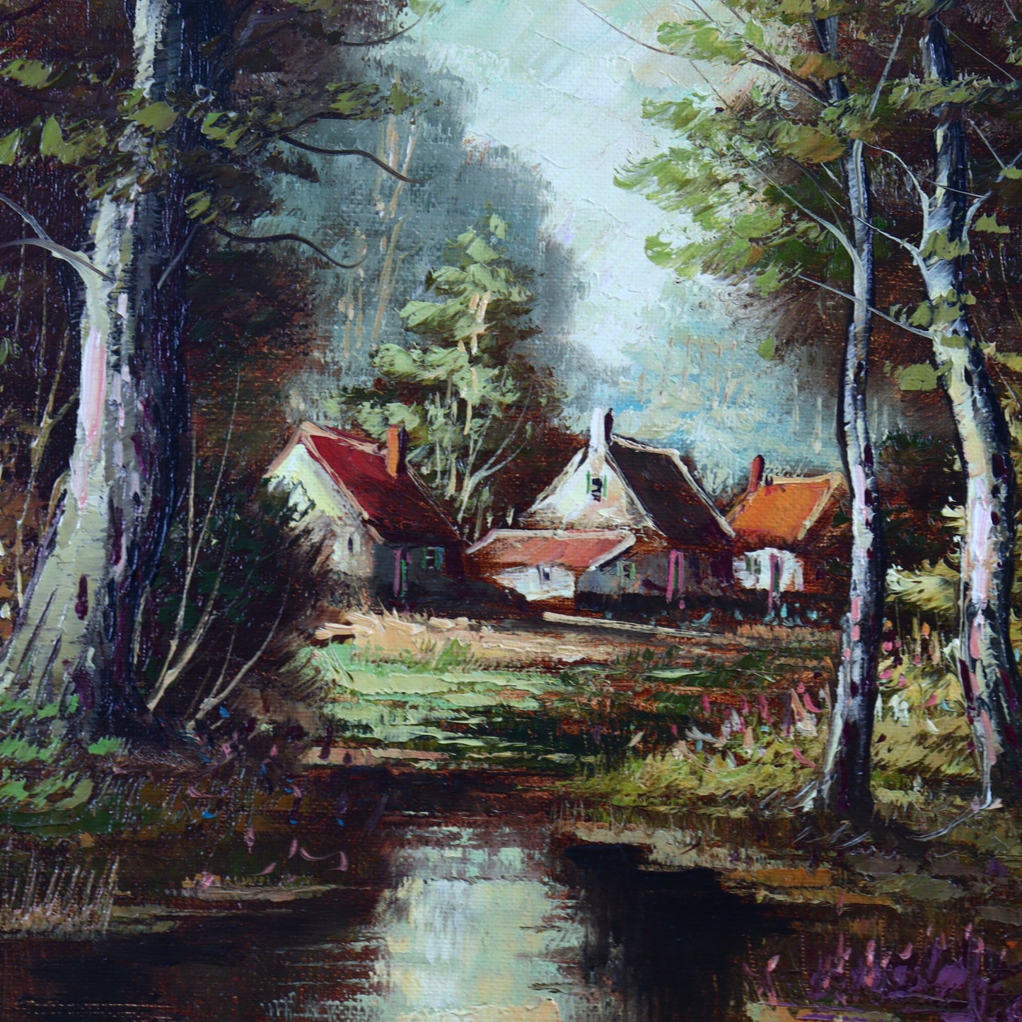 Oil painting of cottages behind trees