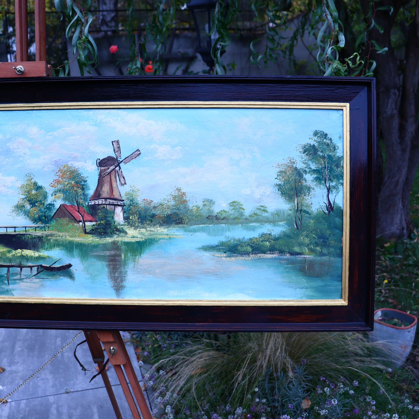 Painting on canvas - Windmills on the river