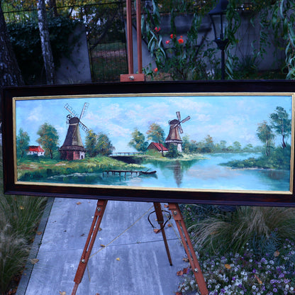 Painting on canvas - Windmills on the river