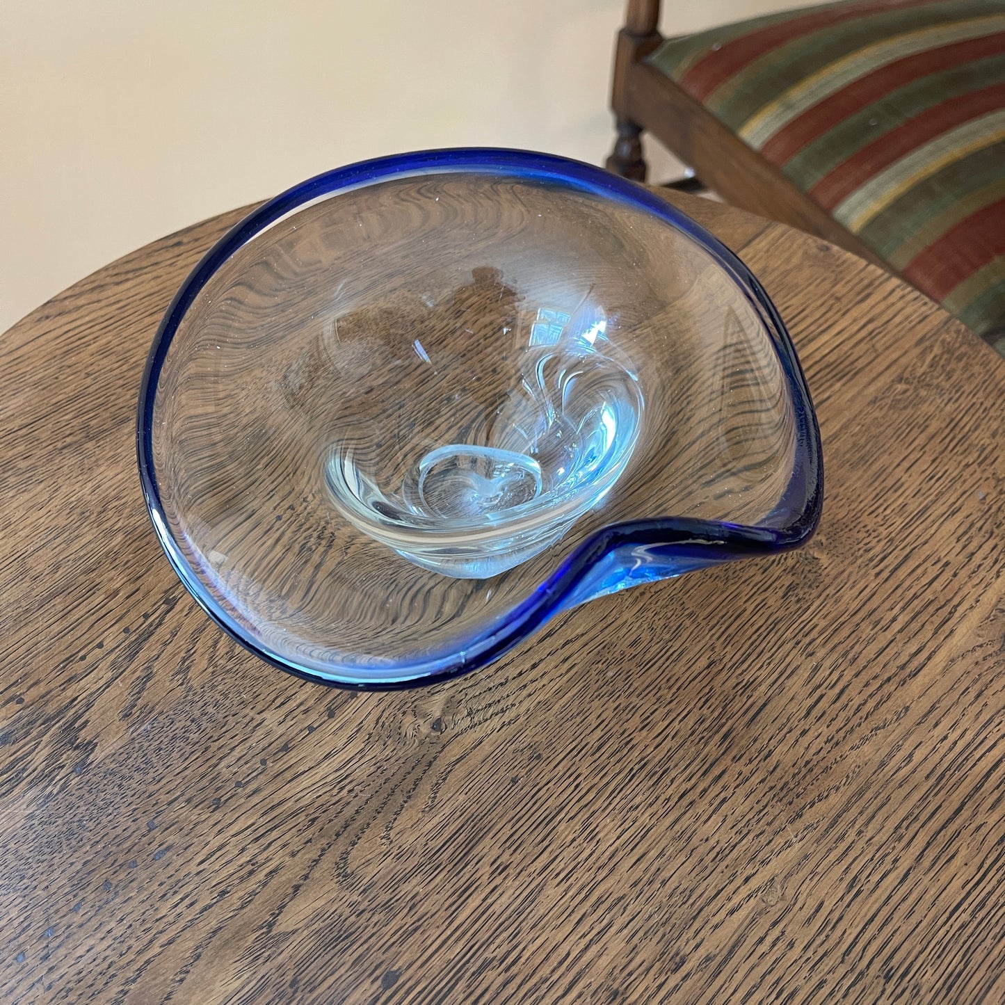 Vintage Italian Style Art Glass Bowl - Ruffled Blue Rim Design