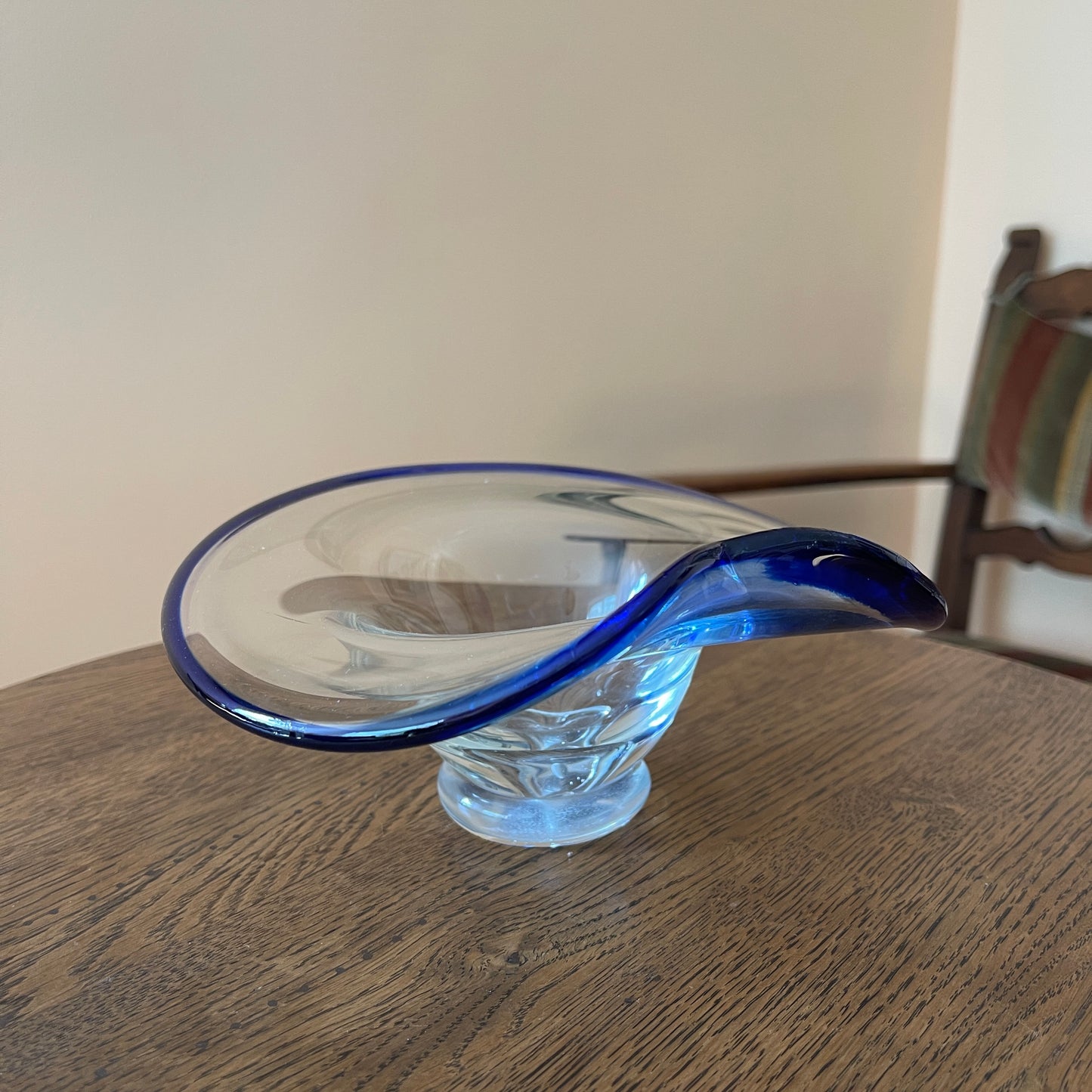 Vintage Italian Style Art Glass Bowl - Ruffled Blue Rim Design