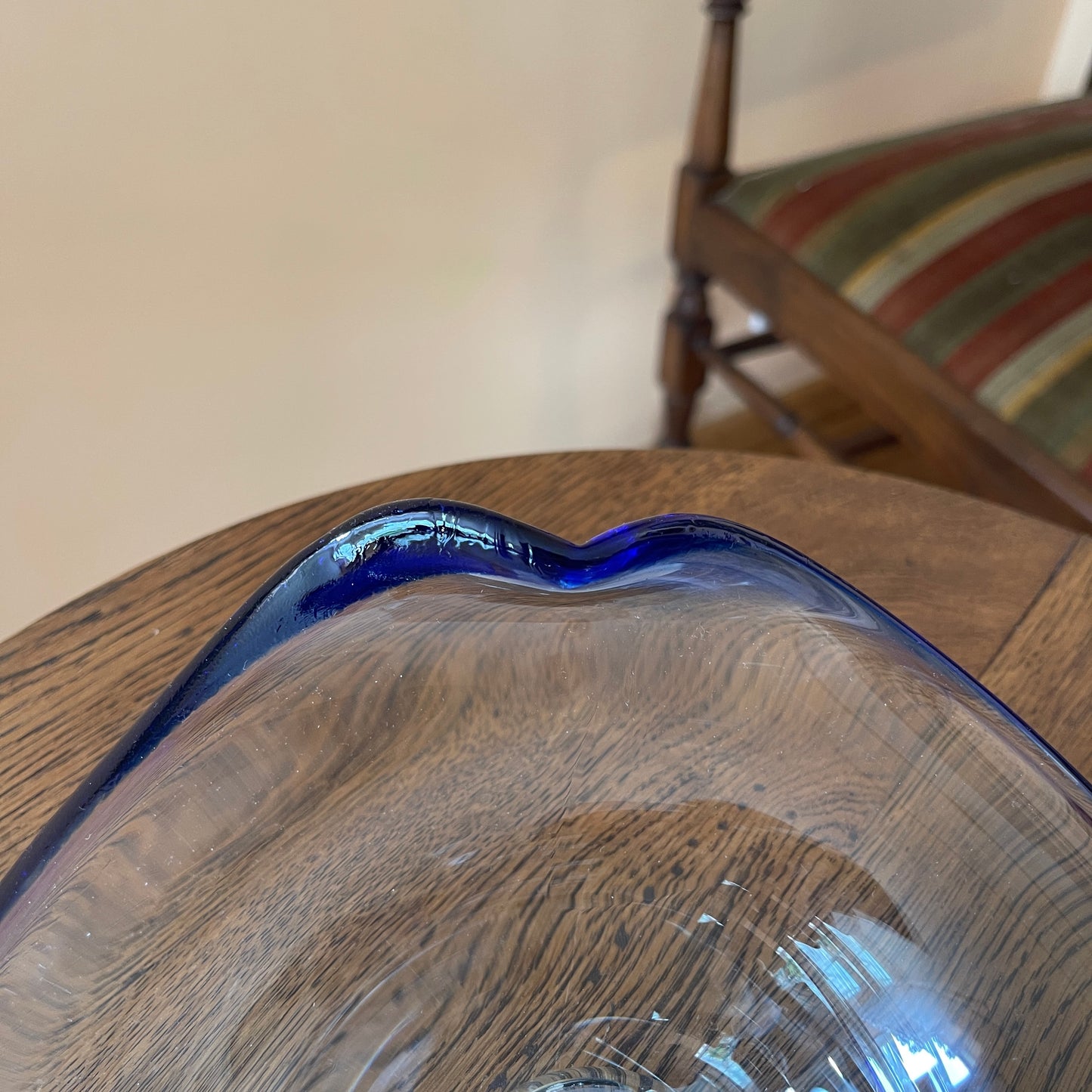 Vintage Italian Style Art Glass Bowl - Ruffled Blue Rim Design