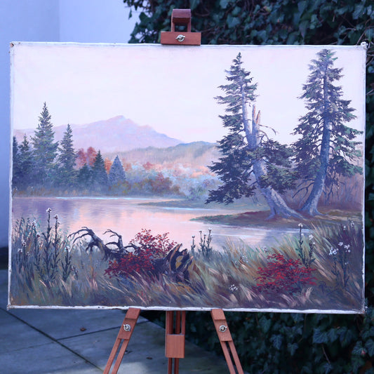 Oil Painting on Canvas – Mountain Landscape by Lake