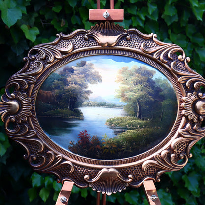 Landscape on wood in an oval frame